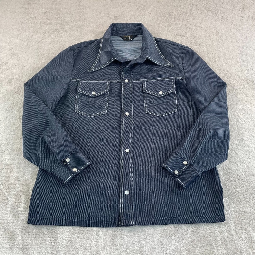 Vintage JC Penney Shirt Jacket Men Large Blue Pearl Snap ButterFly Collar 70s